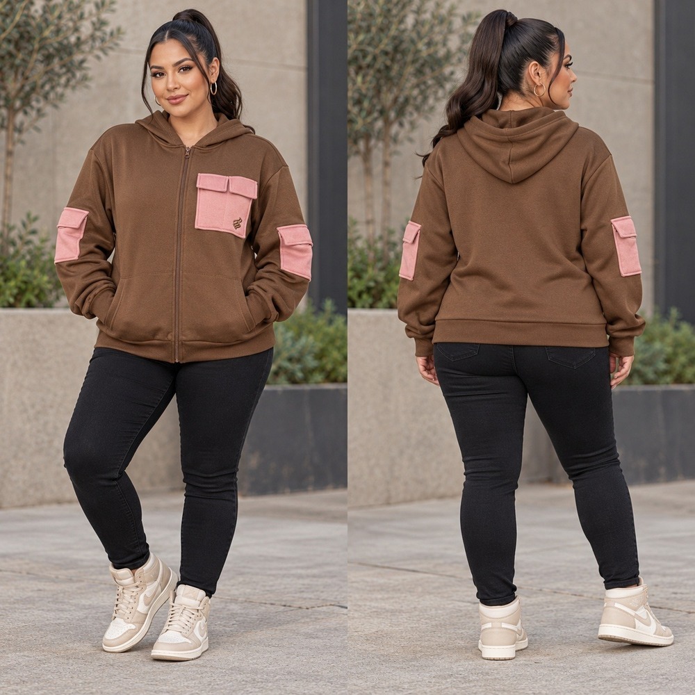 Rocawear Womens Brown Pink Cargo Zip Up Hoodie Sweatshirt XL NWT Streetwear Y2K